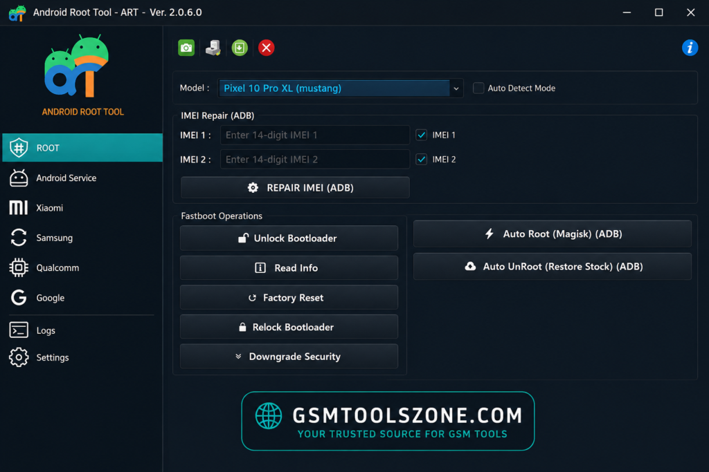 Android Root Tool ART 2.0.6.0 interface with IMEI repair and fastboot options
