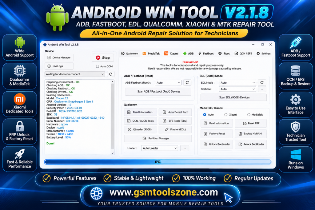 Android Win Tool V1.2.1 repair flashing and unlocking tool