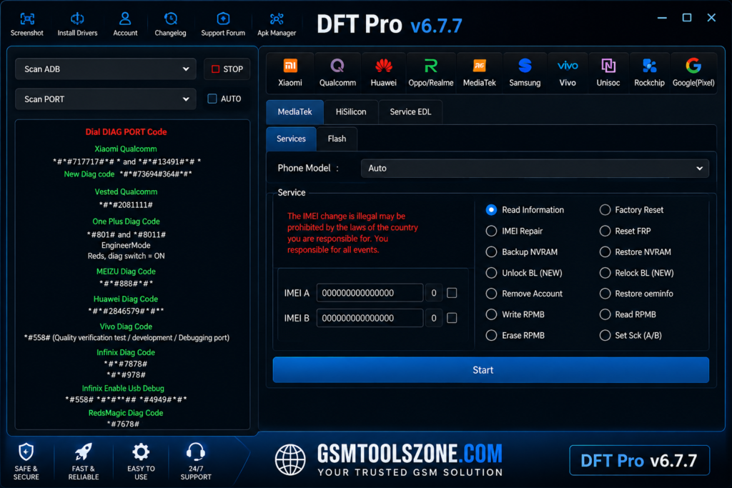 DFT Pro v6.7.7 Android repair tool interface