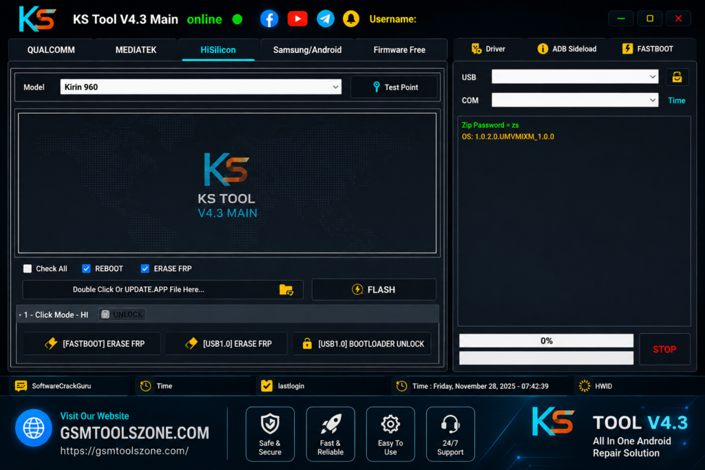 KS Tool HiSilicon interface with Kirin 960 Android repair options