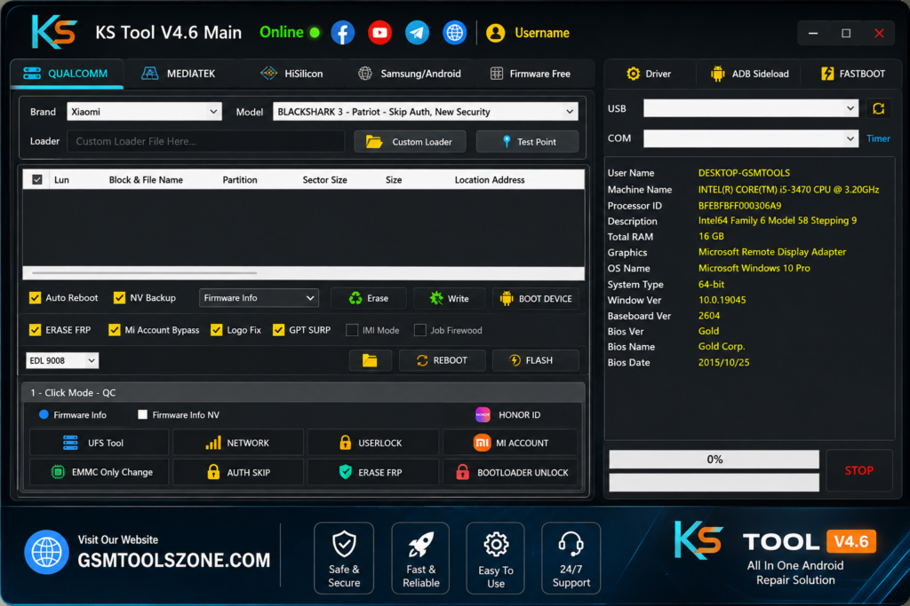 KS Tool V4.6 main interface for Android repair and servicing