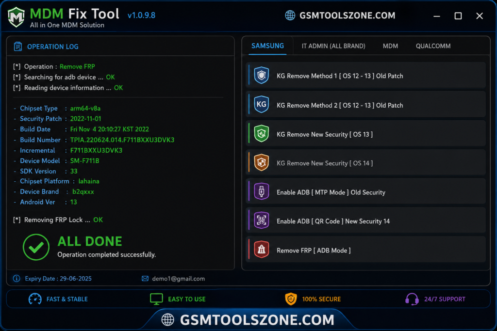 MDM Fix Tool interface with Android device information and servicing options