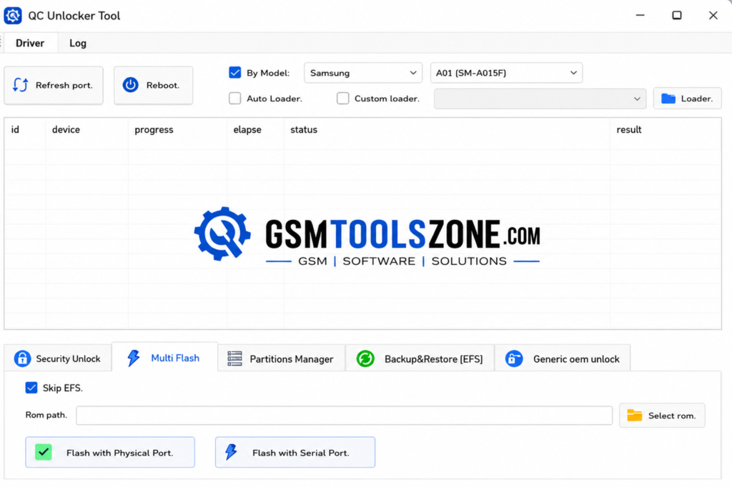 QC Unlocker Tool v2 interface for Qualcomm Android device servicing
