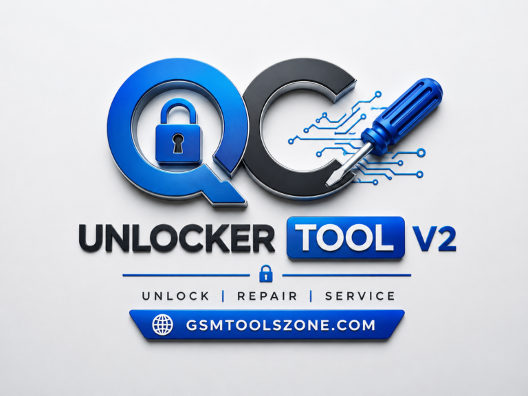 QC Unlocker Tool V2 logo with GSMToolsZone.com branding