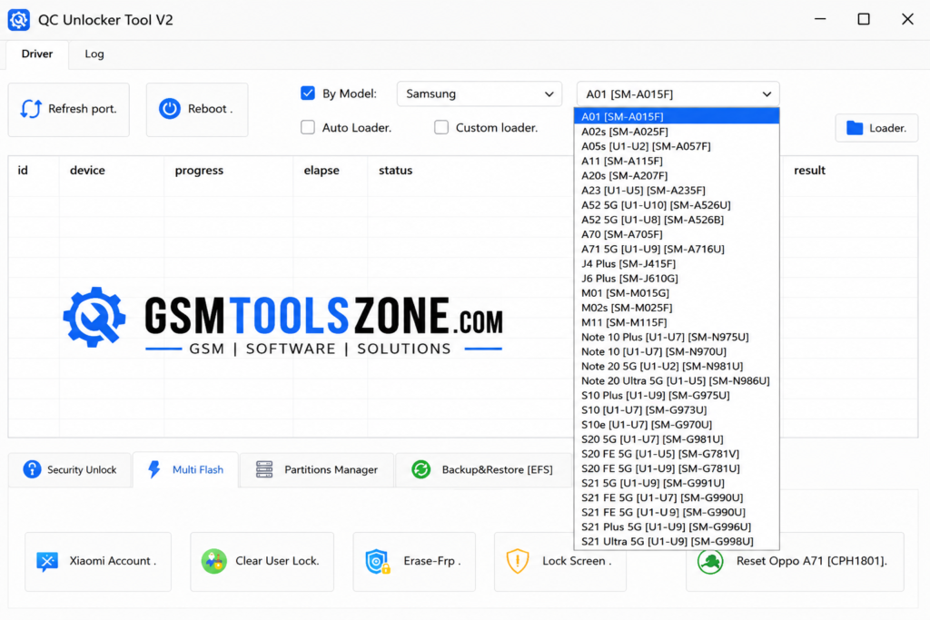 QC Unlocker Tool V2 Samsung device selection and unlock interface