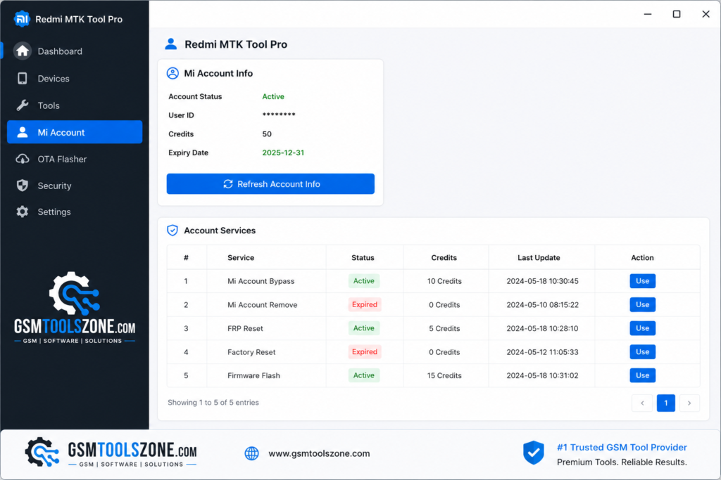 Redmi Mr Auth Tool Mi Account services interface