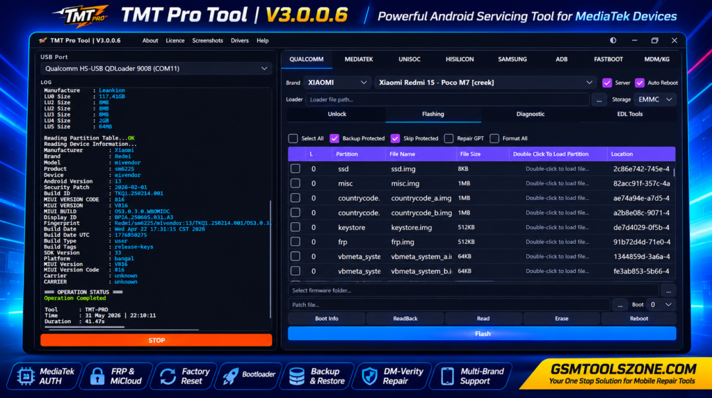 TMT Pro Tool V3.0.0.7 Android servicing tool interface