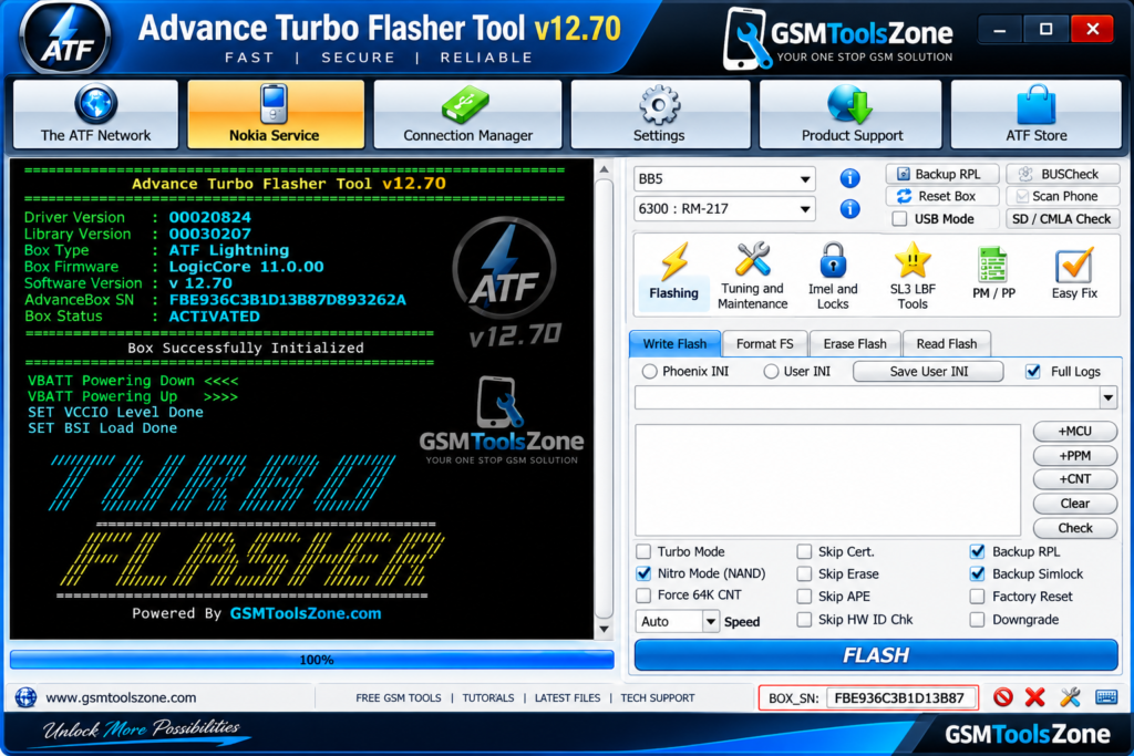 Advance Turbo Flasher Tool v12.70 interface by GSMToolsZone