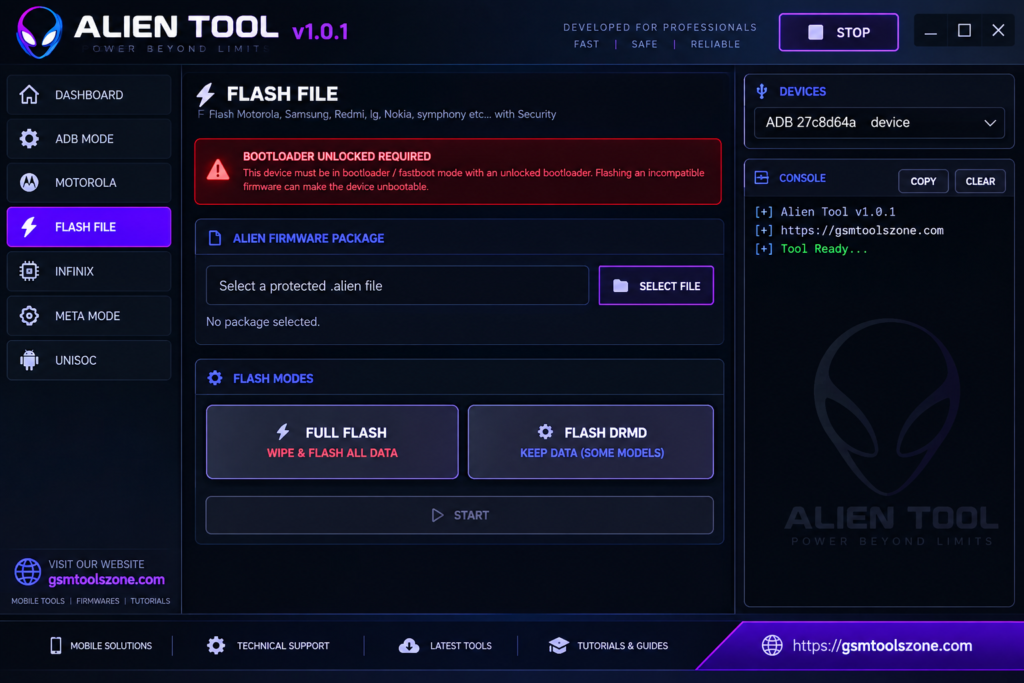 Alien Tool v1.0.16  flash file interface for Android devices