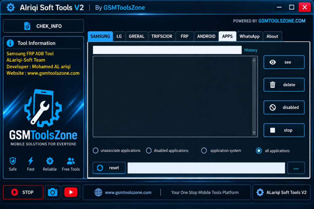 Alriqi Soft Tool V2 Samsung FRP and Android repair interface
