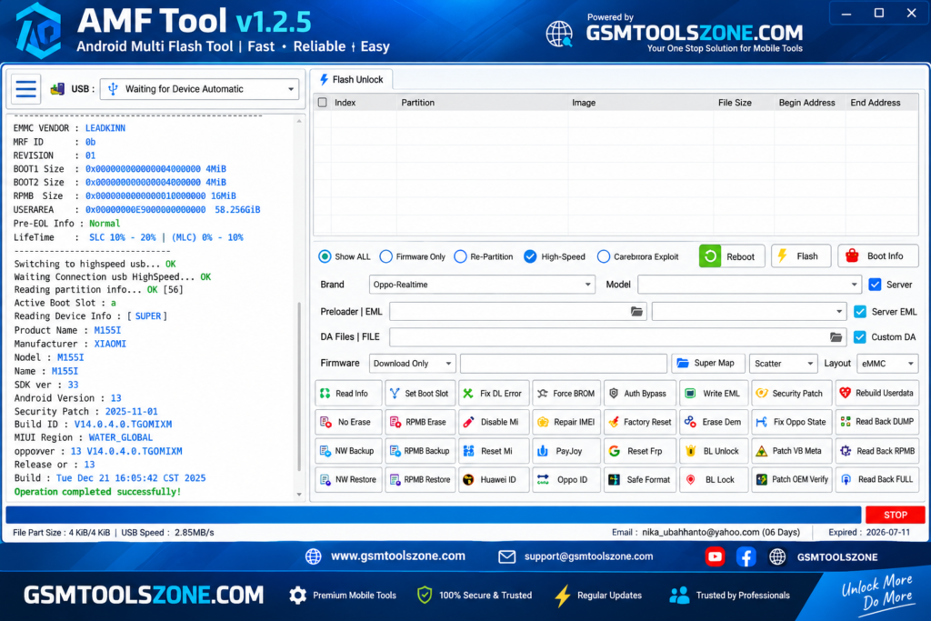 AMF Tool v1.2.5 main interface for Android flashing and device repair