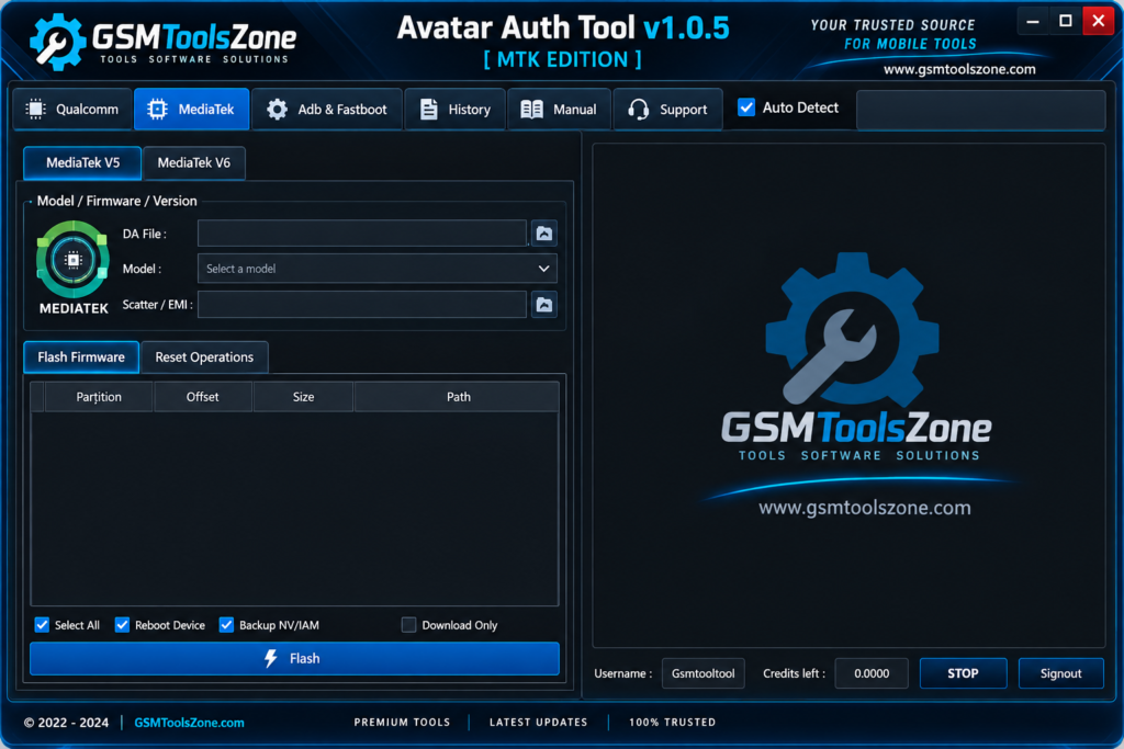 Avatar Auth Tool v1.0.5 MediaTek firmware flashing interface