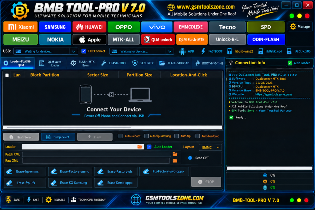 BMB Tool v7.0 flashing and device connection interface