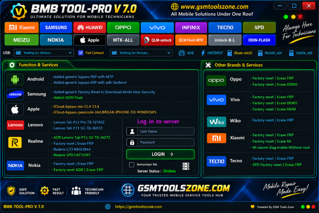 BMB Tool v7.0 mobile repair tool interface