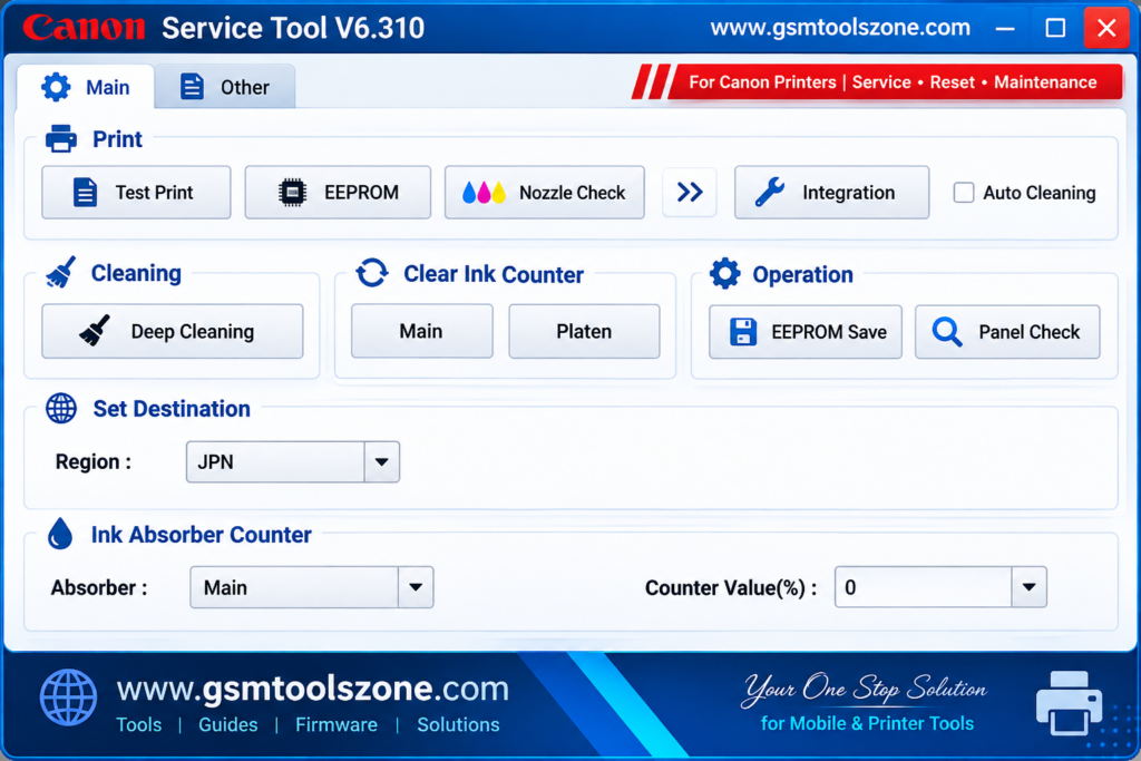 Canon Service Tool V6.310 interface for printer maintenance and service