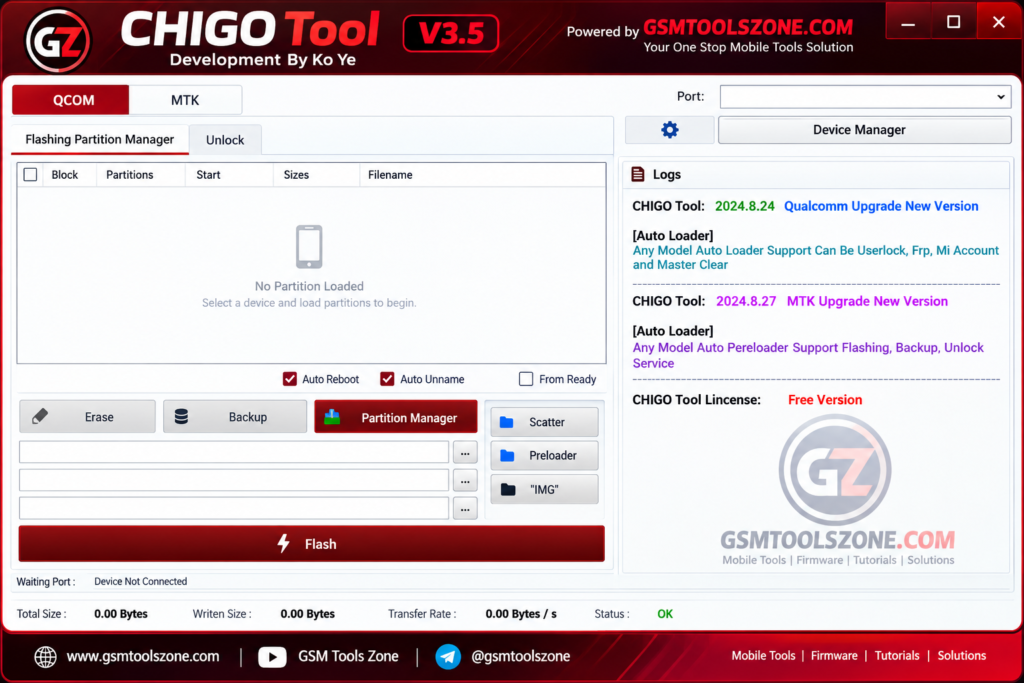 Chigo Unlocker Tool v3.5 flashing and partition manager interface
