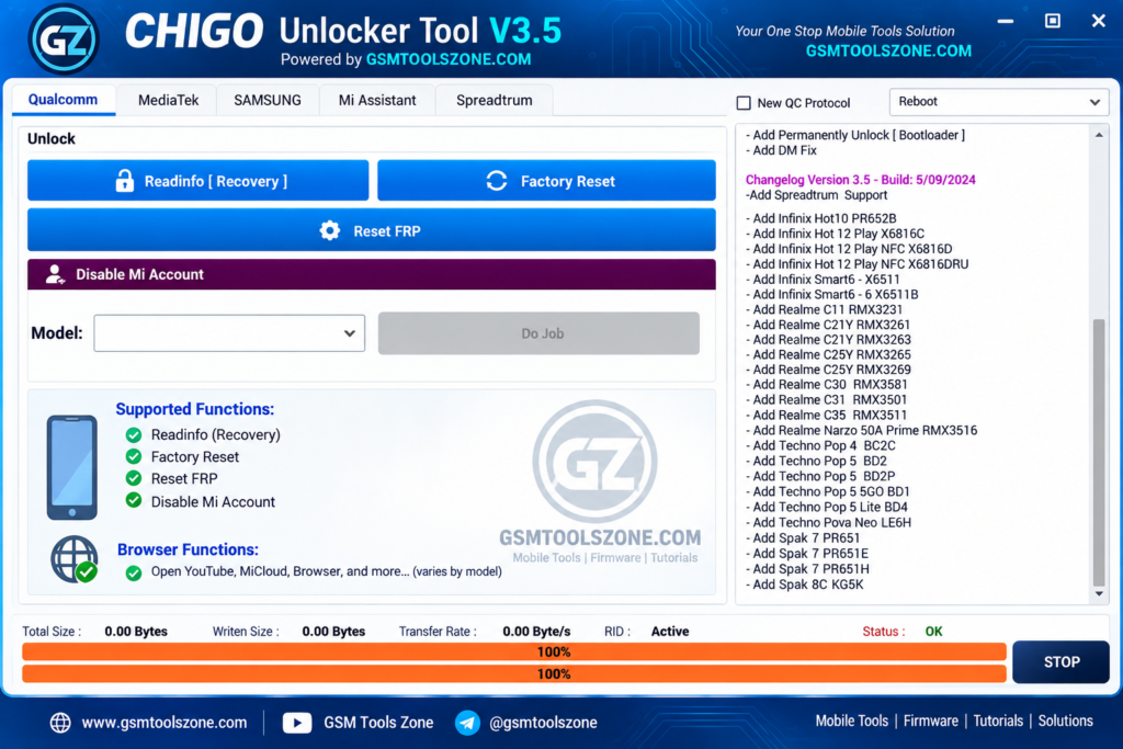 Chigo Unlocker Tool v3.5 interface for mobile unlocking and repair