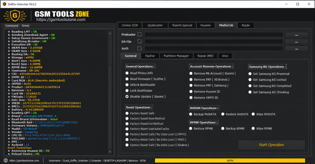 Griffin Unlocker Tool V2026.07.10 interface for mobile unlocking and repair