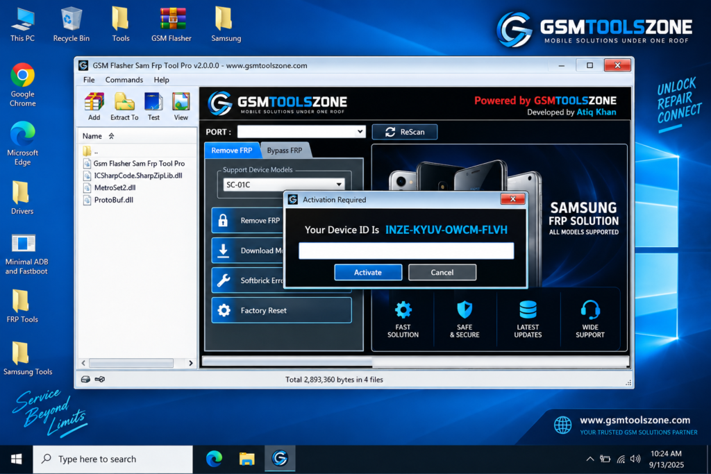 GSM Flasher Sam FRP Tool Pro desktop interface with activation window