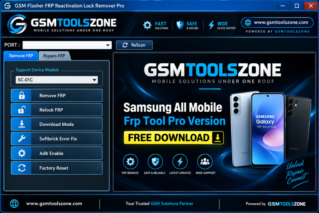 GSM Flasher Tool FRP reactivation lock remover interface by GSM Tools Zone