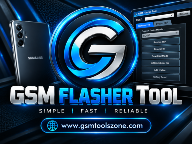 GSM Flasher Tool logo with GSMToolsZone.com branding