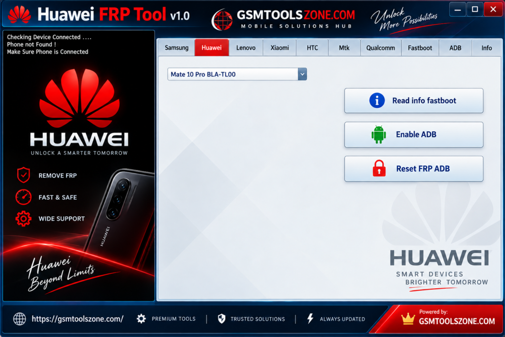 Huawei FRP Tool v1.0 interface with ADB and Fastboot features