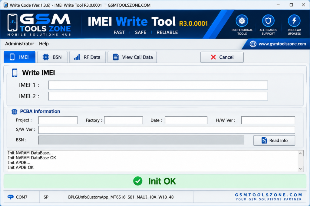 IMEI Write Tool R3.0.0001 PCBA and IMEI writing interface