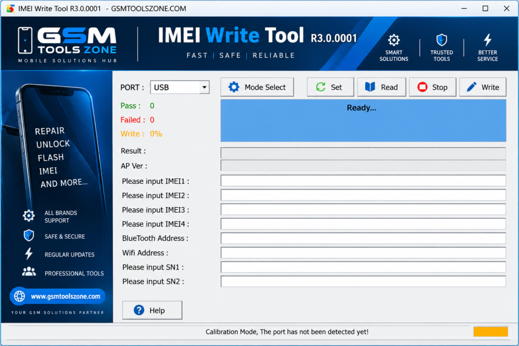 IMEI Write Tool R3.0.0001 software interface by GSM Tools Zone