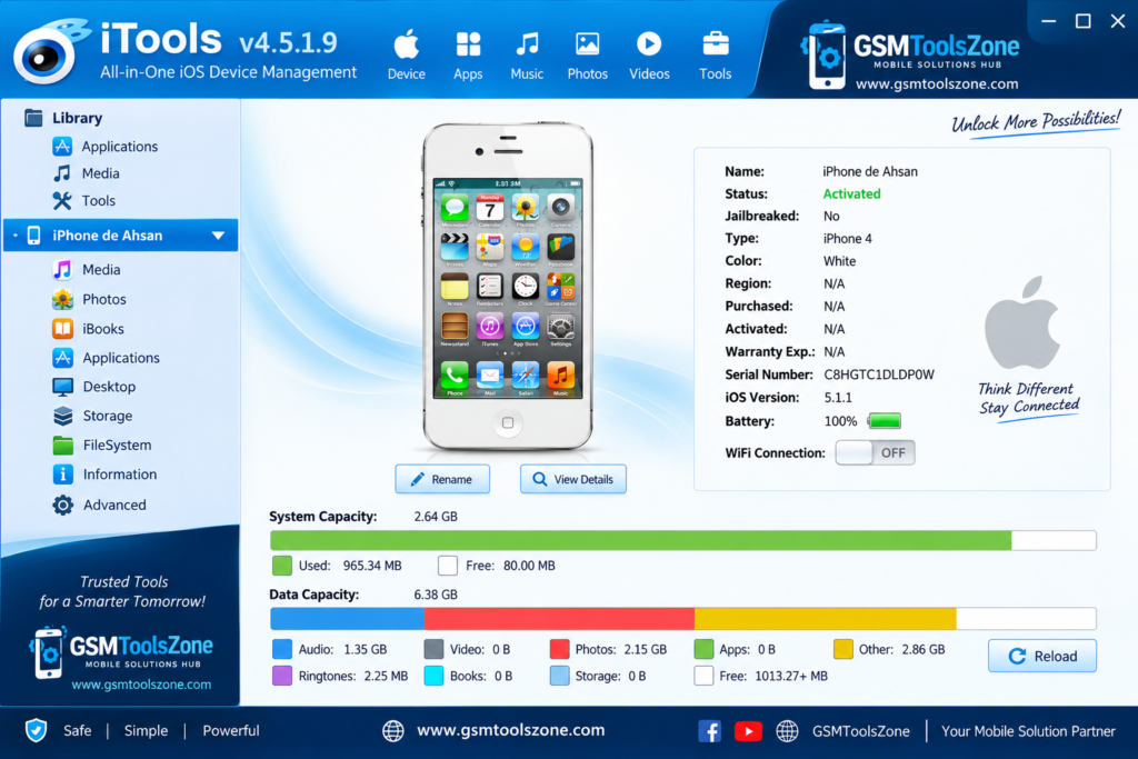 iTools v4.5.1.9 interface for iPhone device management