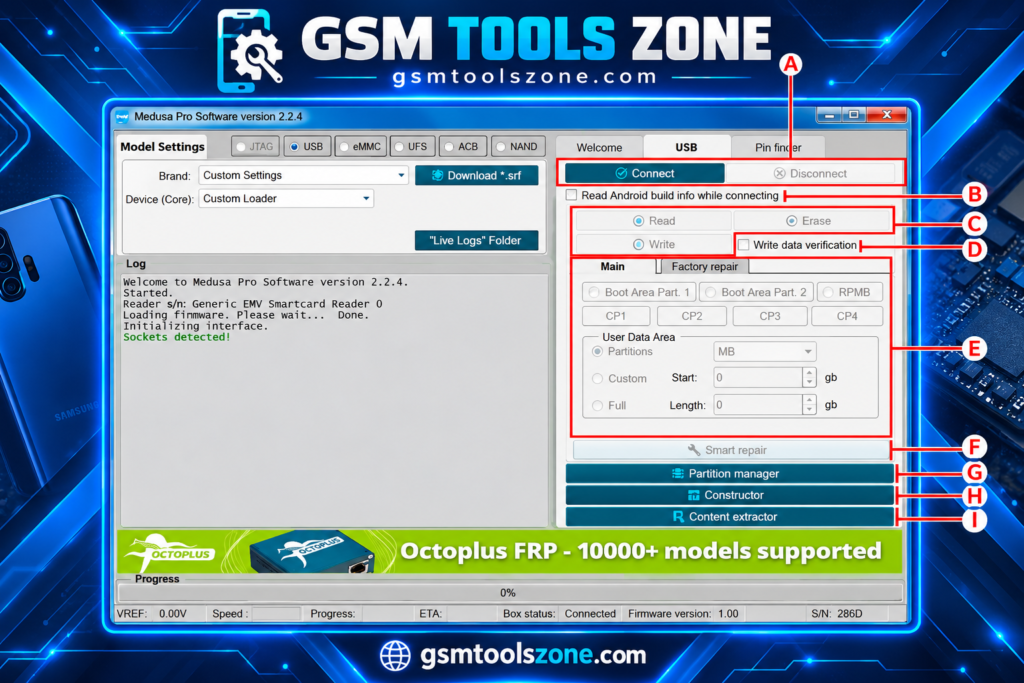 Octoplus Samsung Tool interface with repair and Android EFS manager