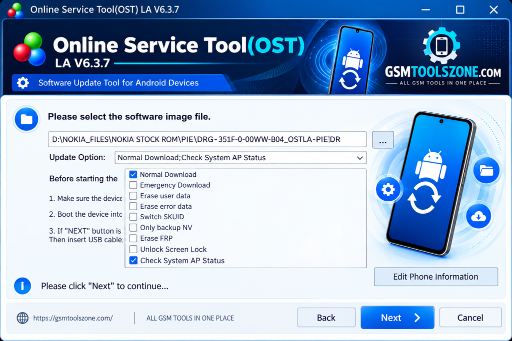 OST Tool V6.3.7 firmware update interface with software options