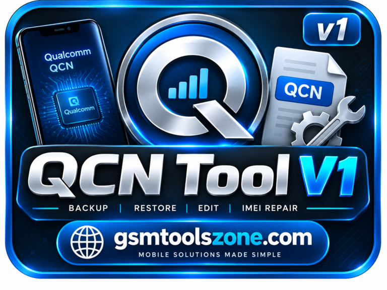 QCN Tool V1 logo with QCN backup restore edit and IMEI repair