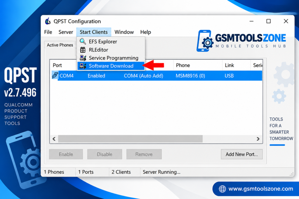 QPST Tool v2.7.496 Configuration interface for Qualcomm devices
