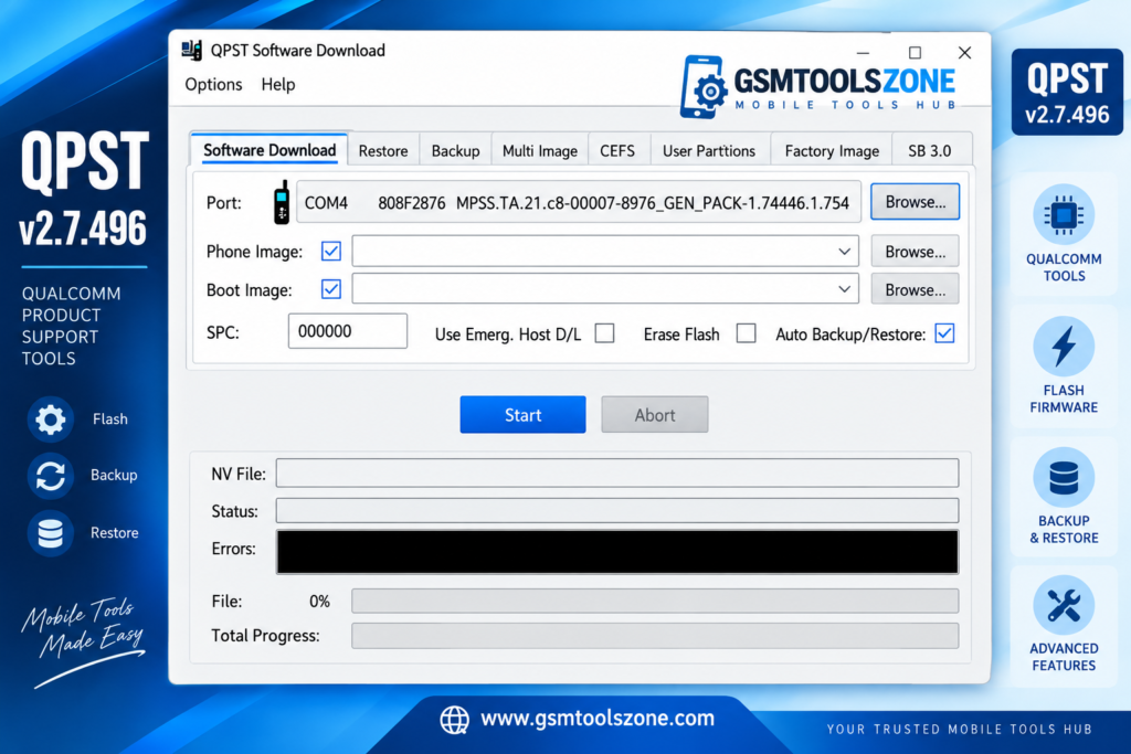 QPST Tool v2.7.496 Software Download interface for Qualcomm firmware