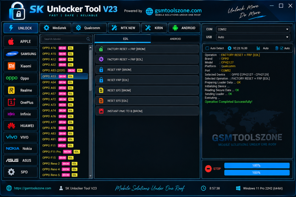 SK Unlocker Tool V23 interface by GSMToolsZone