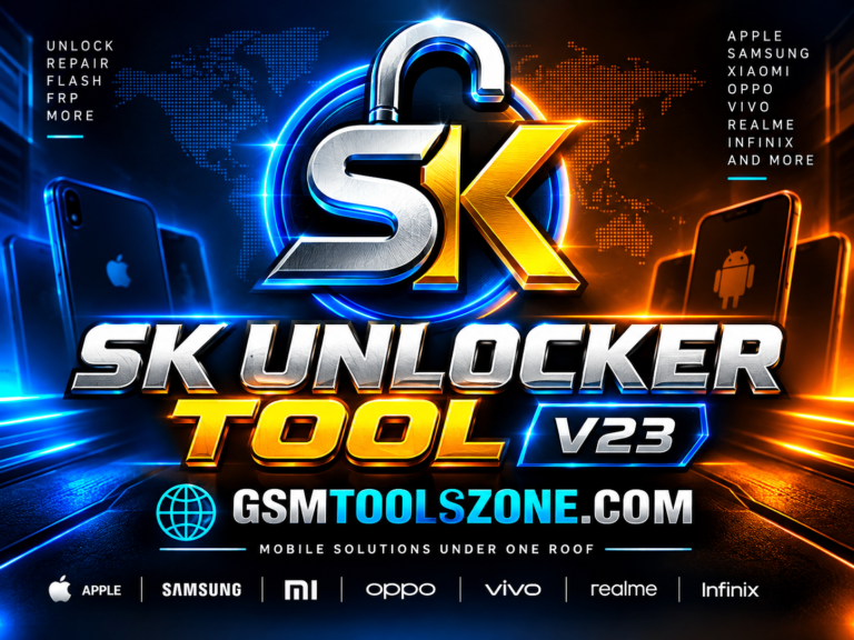 SK Unlocker Tool V23 logo with GSMToolsZone branding