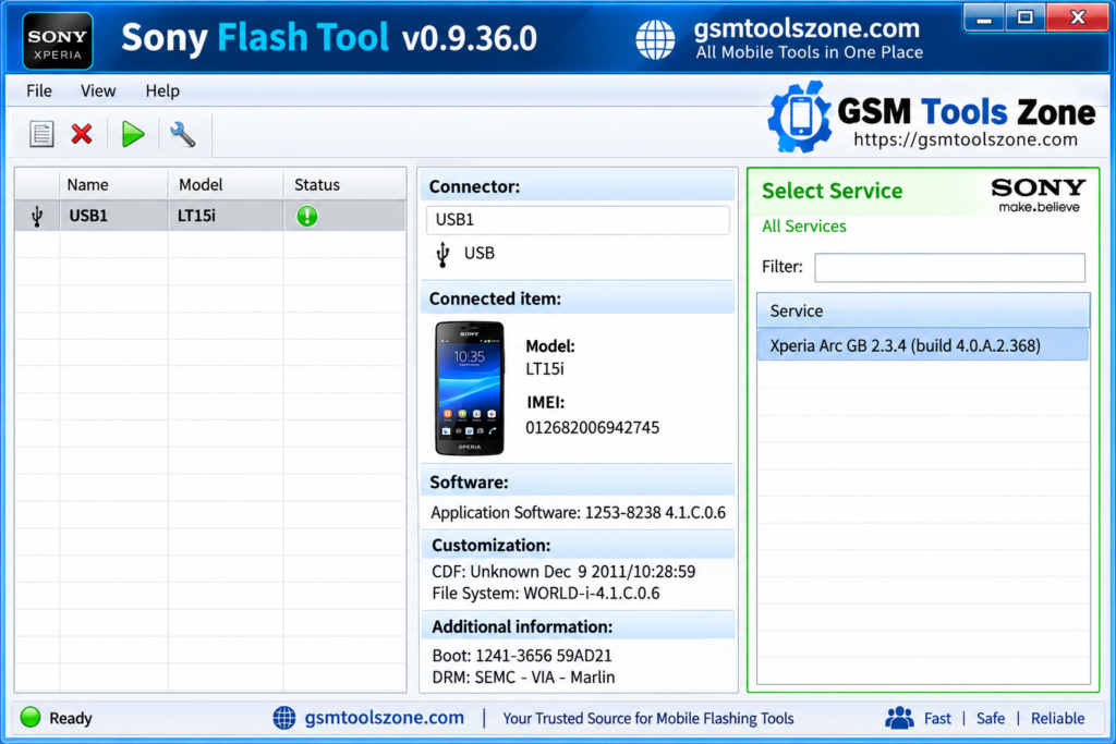 Sony Flash Tool v0.9.36.0 interface for Sony Xperia devices