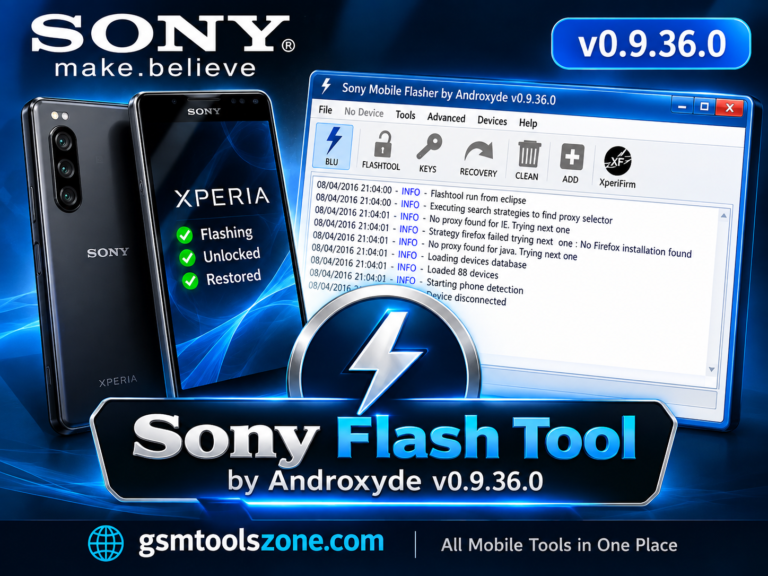 Sony Flash Tool v0.9.36.0 logo with GSM Tools Zone branding