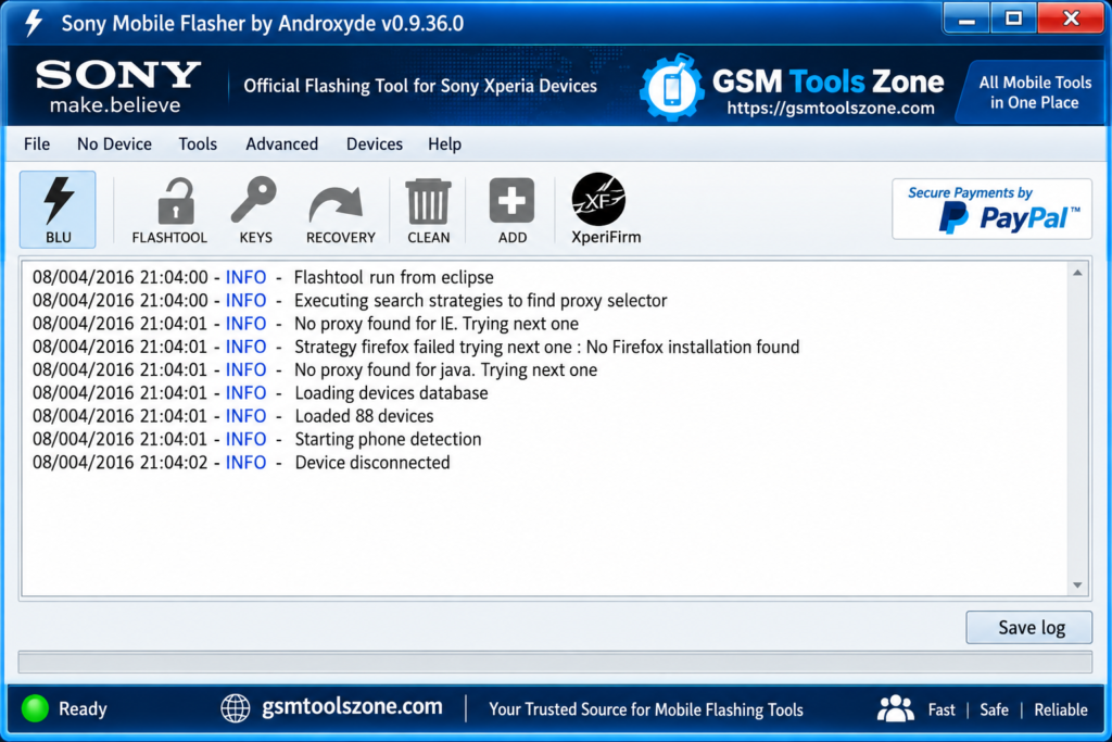 Sony Mobile Flasher v0.9.36.0 interface and device log