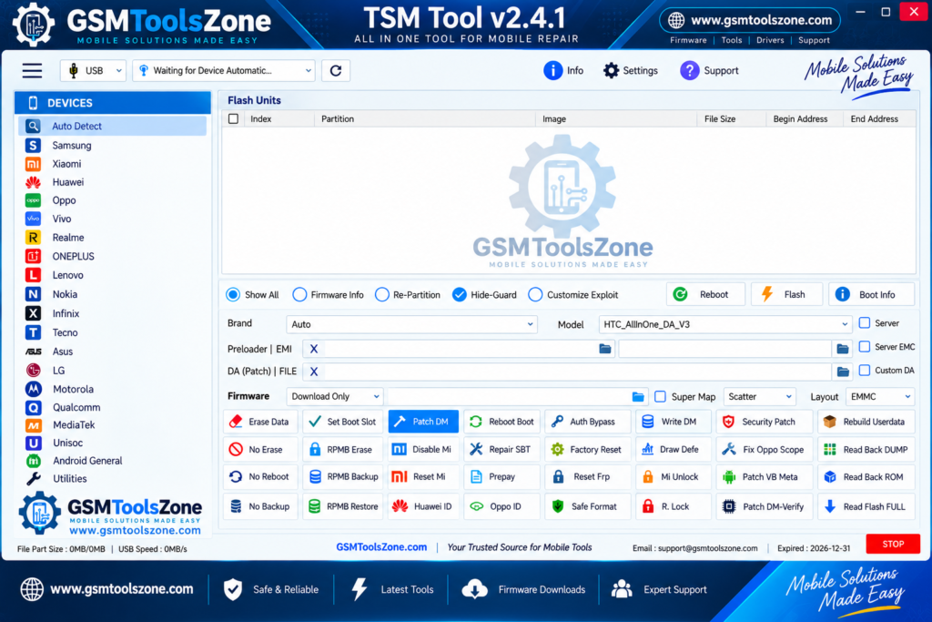 TSM Tool v2.4.1 flashing and mobile repair interface