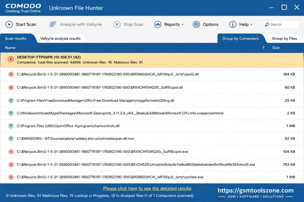 Unknown File Hunter software interface with file scan results