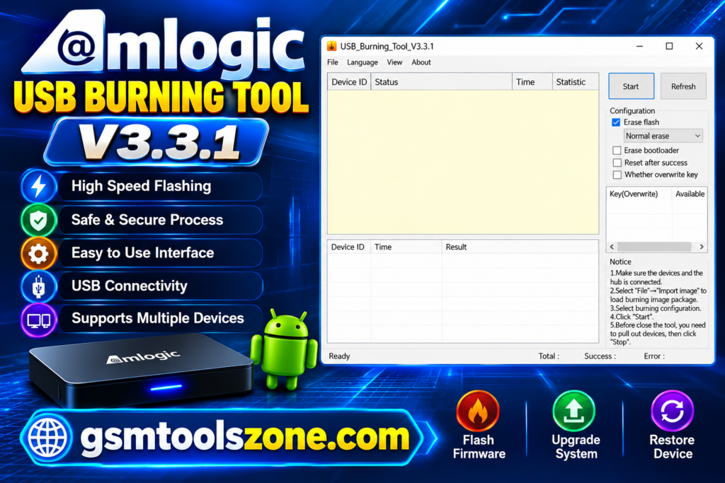 Amlogic USB Burning Tool v3.3.1 interface for flashing firmware on compatible devices