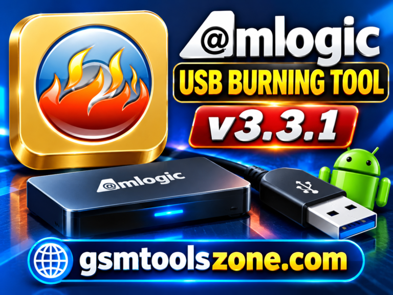 Amlogic USB Burning Tool v3.3.1 logo with a gold fire icon and gsmtoolszone.com branding