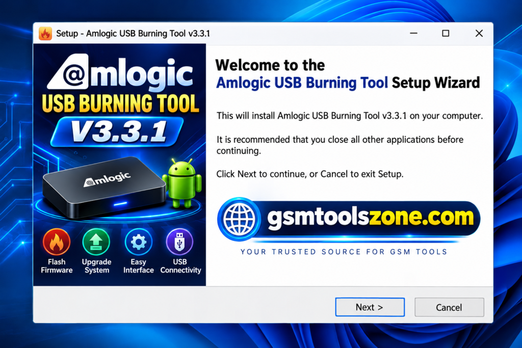 Amlogic USB Burning Tool v3.3.1 setup wizard welcome screen for software installation