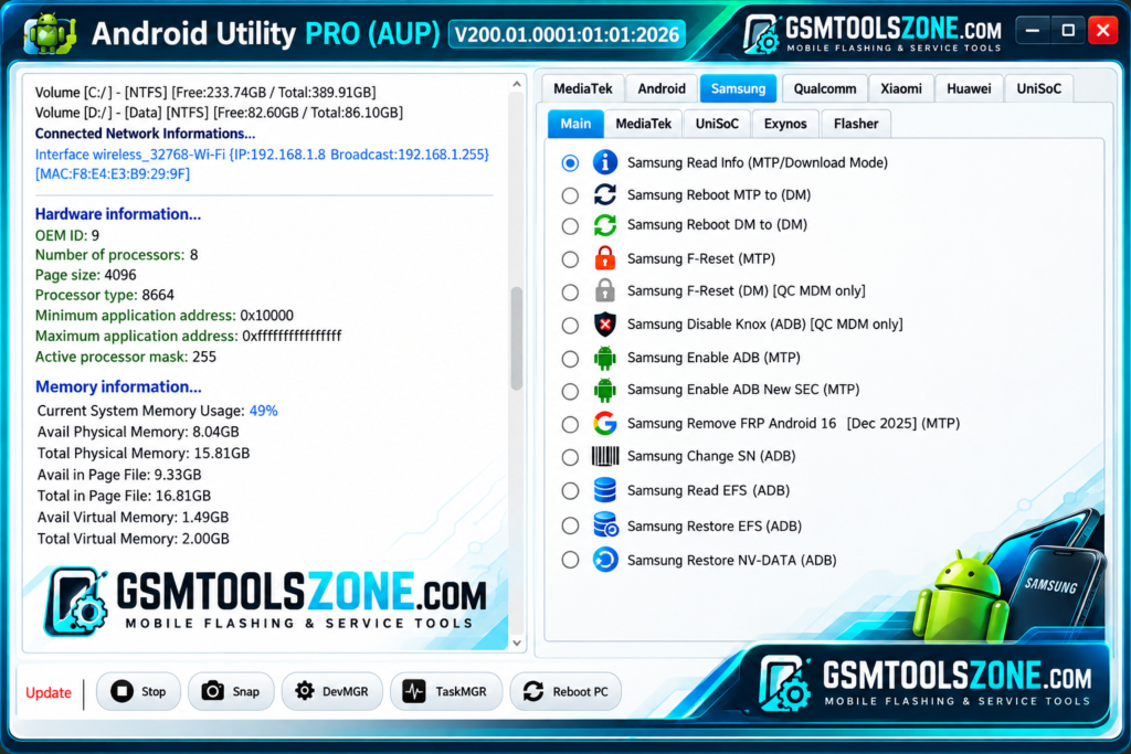 Android Utility Tool V200.01.0001 interface by GSMToolsZone