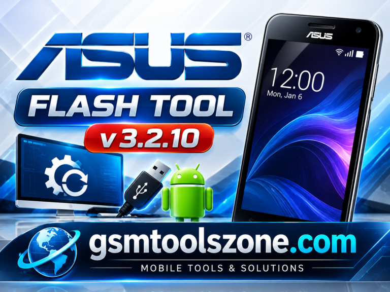 Asus Flash Tool v3.2.10 logo with ASUS smartphone and GSMToolsZone.com branding Copy