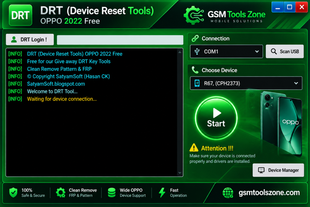 DRT Oppo 2022 Device Reset Tools interface with device connection options