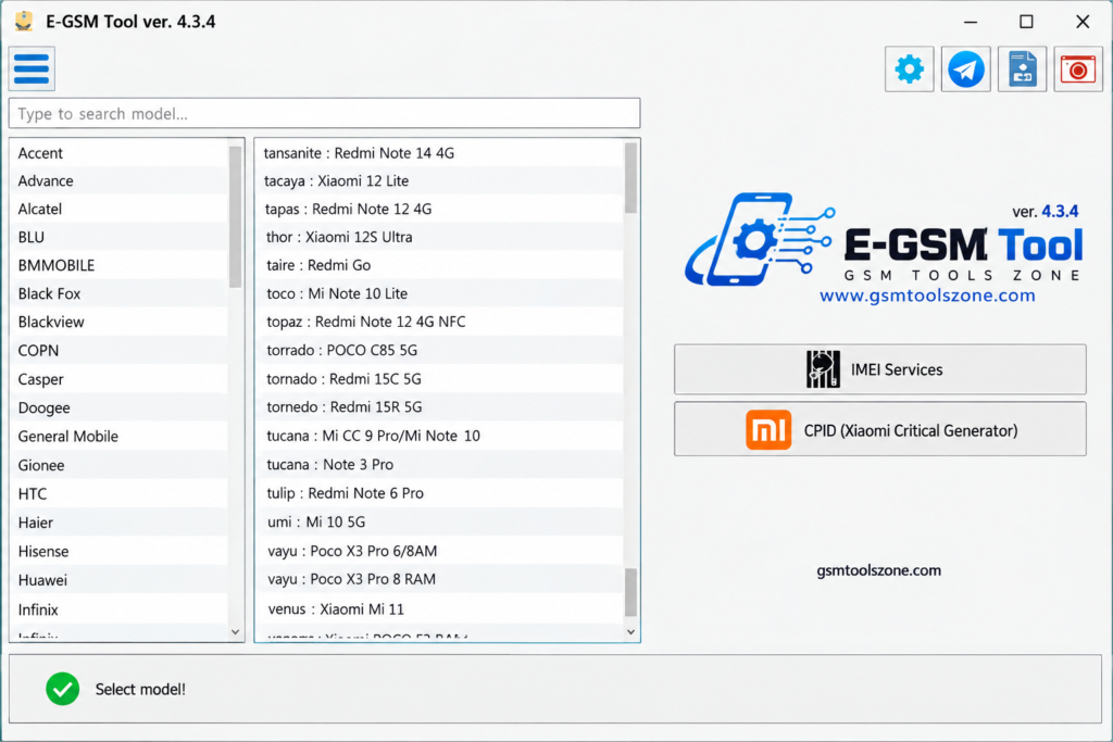 E-GSM Tool v4.3.4 interface for mobile phone servicing