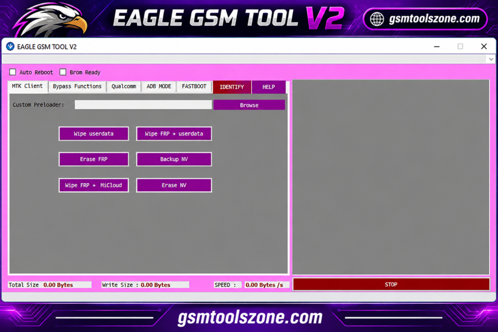 Eagle GSM Tool V2 interface with GSMToolsZone branding
