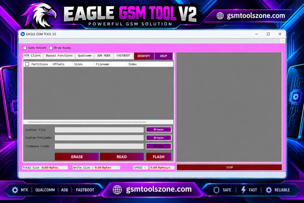 Eagle GSM Tool V2 partition interface with scatter file and flash options